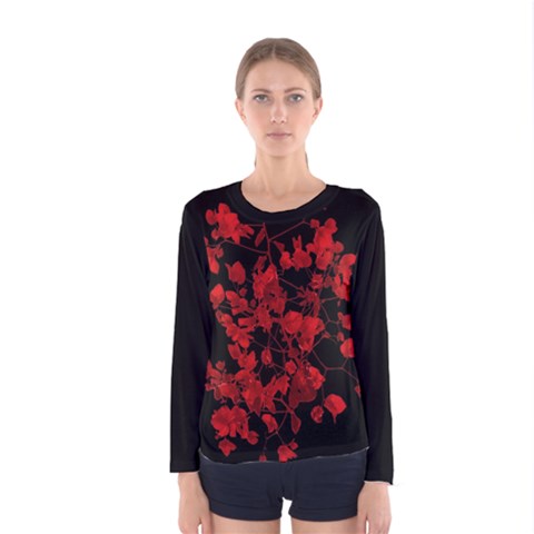 Dark Red Floral Print Long Sleeve T-shirt (women) by dflcprintsclothing