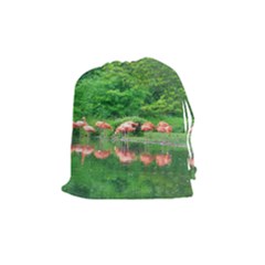 Flamingo Birds At Lake Drawstring Pouch (medium)