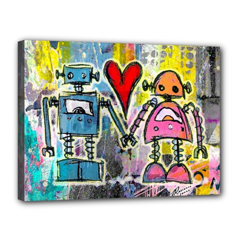 Graffiti Pop Robot Love Canvas 16  X 12  (framed) by ArtistRoseanneJones