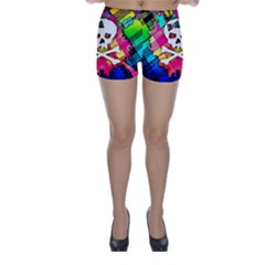 Rainbow Plaid Skull Skinny Shorts by ArtistRoseanneJones