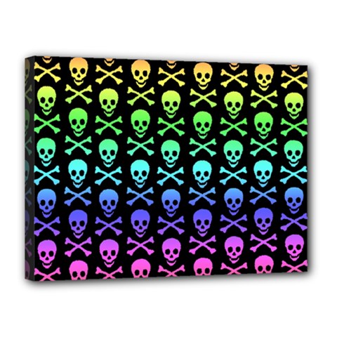 Rainbow Skull And Crossbones Pattern Canvas 16  X 12  (framed) by ArtistRoseanneJones