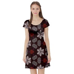 Floral Pattern On A Brown Background Short Sleeve Skater Dress by LalyLauraFLM