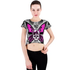 Skull Butterfly Crew Neck Crop Top by ArtistRoseanneJones