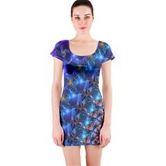 Blue Sunrise Fractal Short Sleeve Bodycon Dress