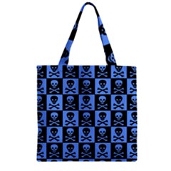 Blue Skull Checkerboard Zipper Grocery Tote Bags by ArtistRoseanneJones