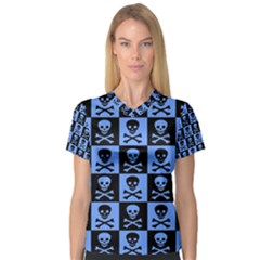 Blue Skull Checkerboard Women s V-Neck Sport Mesh Tee