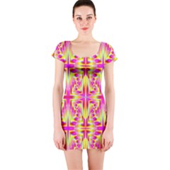 Pink And Yellow Rave Pattern Short Sleeve Bodycon Dress