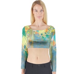 Abstract Flower Design In Turquoise And Yellows Long Sleeve Crop Top by digitaldivadesigns