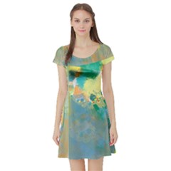 Abstract Flower Design In Turquoise And Yellows Short Sleeve Skater Dresses by digitaldivadesigns