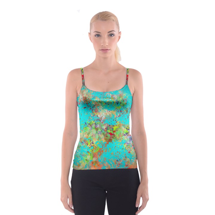 Abstract Garden in Aqua Spaghetti Strap Tops