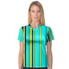 Hot Stripes Aqua Women s V-Neck Sport Mesh Tee