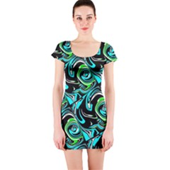 Bright Aqua, Black, And Green Design Short Sleeve Bodycon Dresses