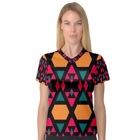 Rhombus And Other Shapes Pattern Women s V-neck Sport Mesh Tee by LalyLauraFLM