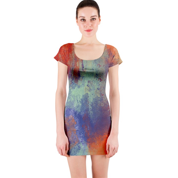 Abstract in Green, Orange, and Blue Short Sleeve Bodycon Dresses