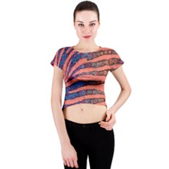 Florescent Orange Blue Zebra Abstract  Crew Neck Crop Top by OCDesignss