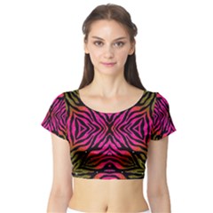 Florescent Pink Green Zebra Abstract  Short Sleeve Crop Top by OCDesignss