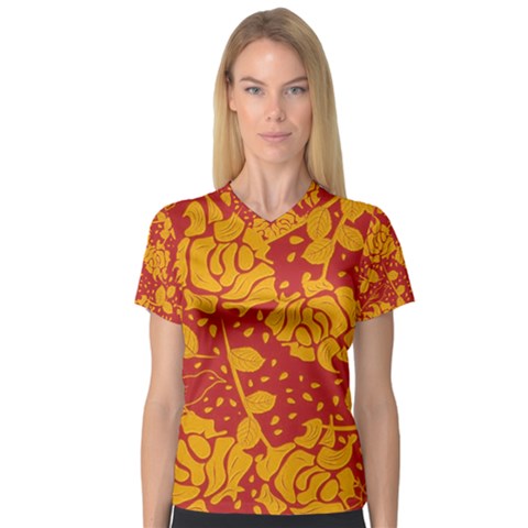 Floral Wallpaper Hot Red Women s V-neck Sport Mesh Tee by ImpressiveMoments