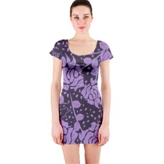 Floral Wallpaper Purple Short Sleeve Bodycon Dresses