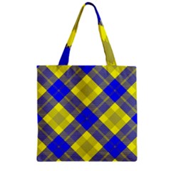 Smart Plaid Blue Yellow Zipper Grocery Tote Bags by ImpressiveMoments