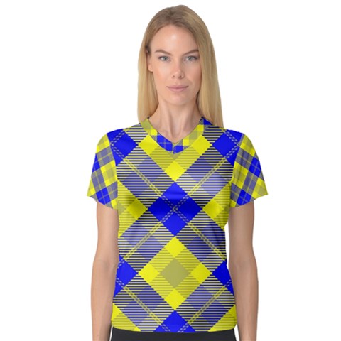 Smart Plaid Blue Yellow Women s V-neck Sport Mesh Tee by ImpressiveMoments