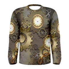 Steampunk, Golden Design With Clocks And Gears Men s Long Sleeve T-shirts by FantasyWorld7
