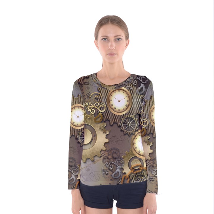 Steampunk, Golden Design With Clocks And Gears Women s Long Sleeve T-shirts
