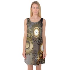 Steampunk, Golden Design With Clocks And Gears Sleeveless Satin Nightdresses