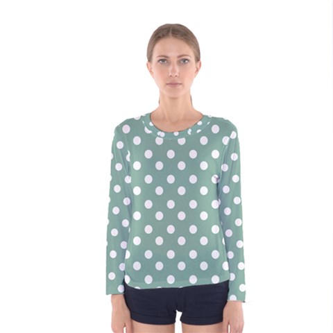 Mint Green Polka Dots Women s Long Sleeve T-shirts by GardenOfOphir