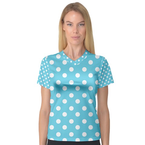 Sky Blue Polka Dots Women s V-neck Sport Mesh Tee by GardenOfOphir