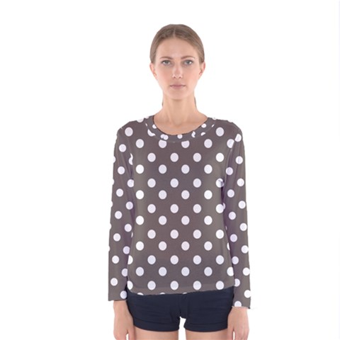 Brown And White Polka Dots Women s Long Sleeve T-shirts by GardenOfOphir