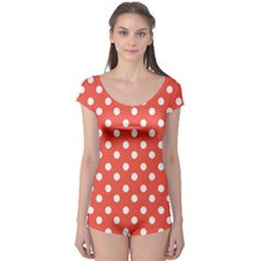 Indian Red Polka Dots Short Sleeve Leotard by GardenOfOphir