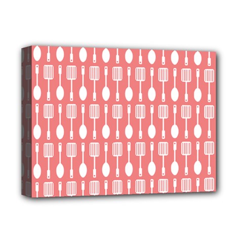 Coral And White Kitchen Utensils Pattern Deluxe Canvas 16  X 12   by GardenOfOphir