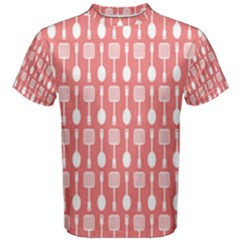 Coral And White Kitchen Utensils Pattern Men s Cotton Tees by GardenOfOphir