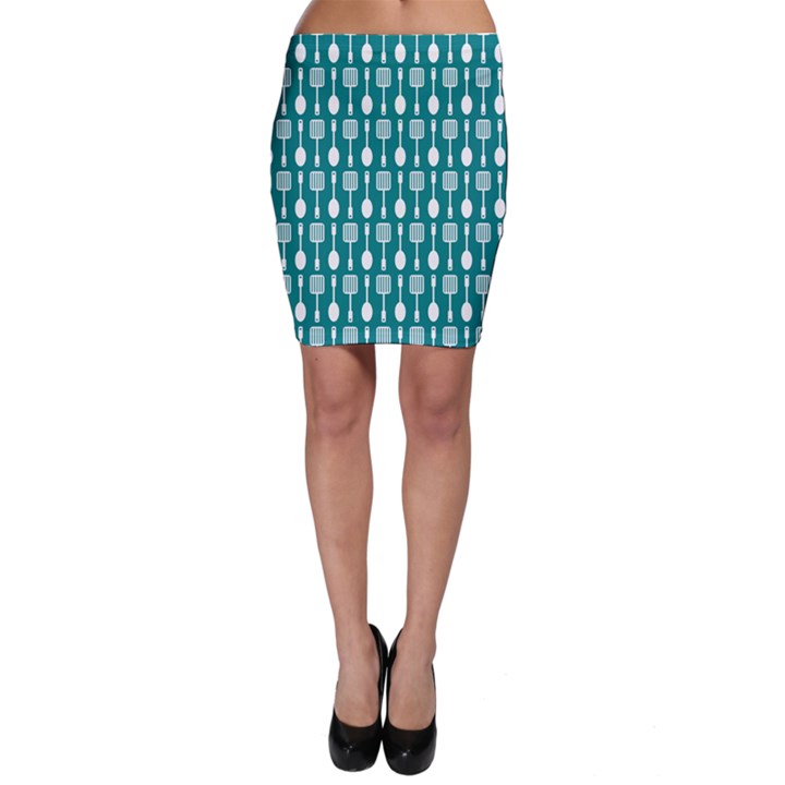 Teal And White Spatula Spoon Pattern Bodycon Skirts
