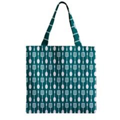 Teal And White Spatula Spoon Pattern Zipper Grocery Tote Bags by GardenOfOphir
