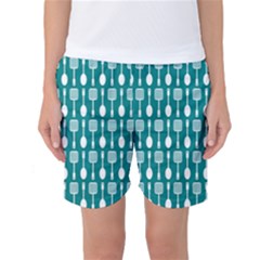 Teal And White Spatula Spoon Pattern Women s Basketball Shorts by GardenOfOphir