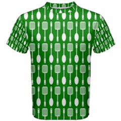 Green And White Kitchen Utensils Pattern Men s Cotton Tees by GardenOfOphir