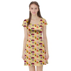 Colorful Ladybug Bess And Flowers Pattern Short Sleeve Skater Dresses by GardenOfOphir