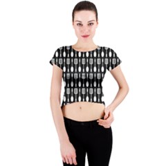 Black And White Spatula Spoon Pattern Crew Neck Crop Top by GardenOfOphir
