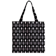 Black And White Spatula Spoon Pattern Zipper Grocery Tote Bags by GardenOfOphir