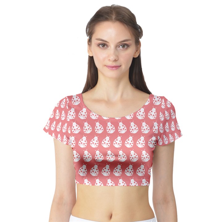 Coral And White Lady Bug Pattern Short Sleeve Crop Top