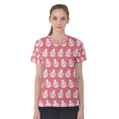 Coral And White Lady Bug Pattern Women s Cotton Tees by GardenOfOphir