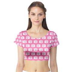 Pink Modern Chic Vector Camera Illustration Pattern Short Sleeve Crop Top by GardenOfOphir