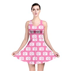 Pink Modern Chic Vector Camera Illustration Pattern Reversible Skater Dresses by GardenOfOphir