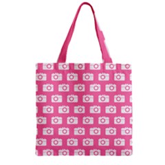 Pink Modern Chic Vector Camera Illustration Pattern Zipper Grocery Tote Bags by GardenOfOphir