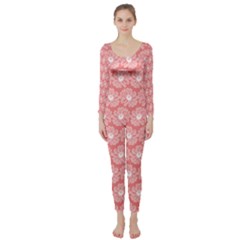 Coral Pink Gerbera Daisy Vector Tile Pattern Long Sleeve Catsuit