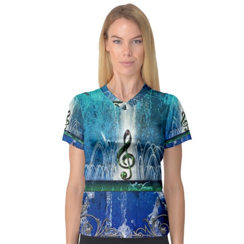 Clef With Water Splash And Floral Elements Women s V-neck Sport Mesh Tee by FantasyWorld7