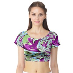 Purple, Green, and Blue Abstract Short Sleeve Crop Top