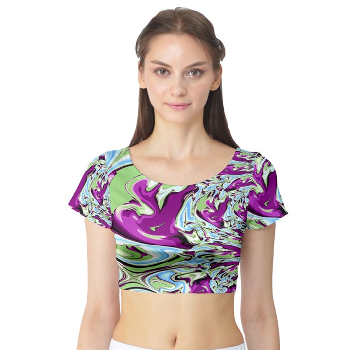 Purple, Green, and Blue Abstract Short Sleeve Crop Top