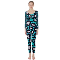 Turquoise Black Cheetah Abstract  Long Sleeve Catsuit